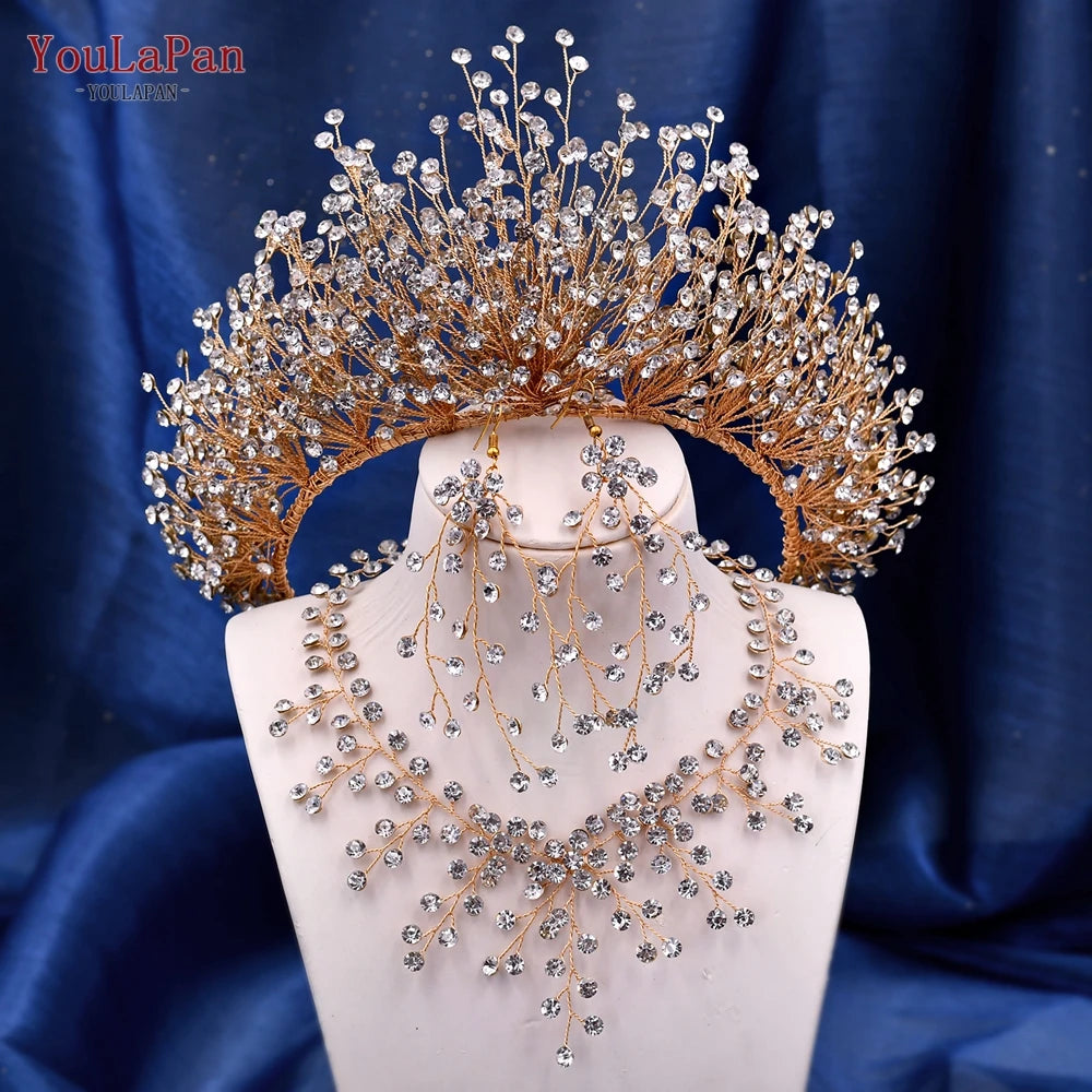 KIMLUD, TOPQUEEN Luxury Bridal Crown Rhinestones Tiaras Bride Headband Wedding Hair Accessories Pageant Diadem Women Headdress HP193P, G-set / CHINA, KIMLUD APPAREL - Womens Clothes