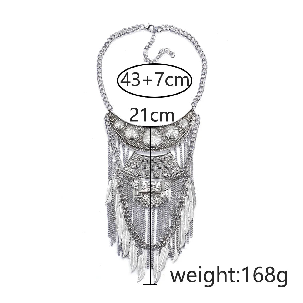 2024 New Indian Vintage Metal Chains Leaf Tassel Large Necklaces Pendants Women Punk Retro Silver Plated Statement Necklace Jewe - KIMLUD