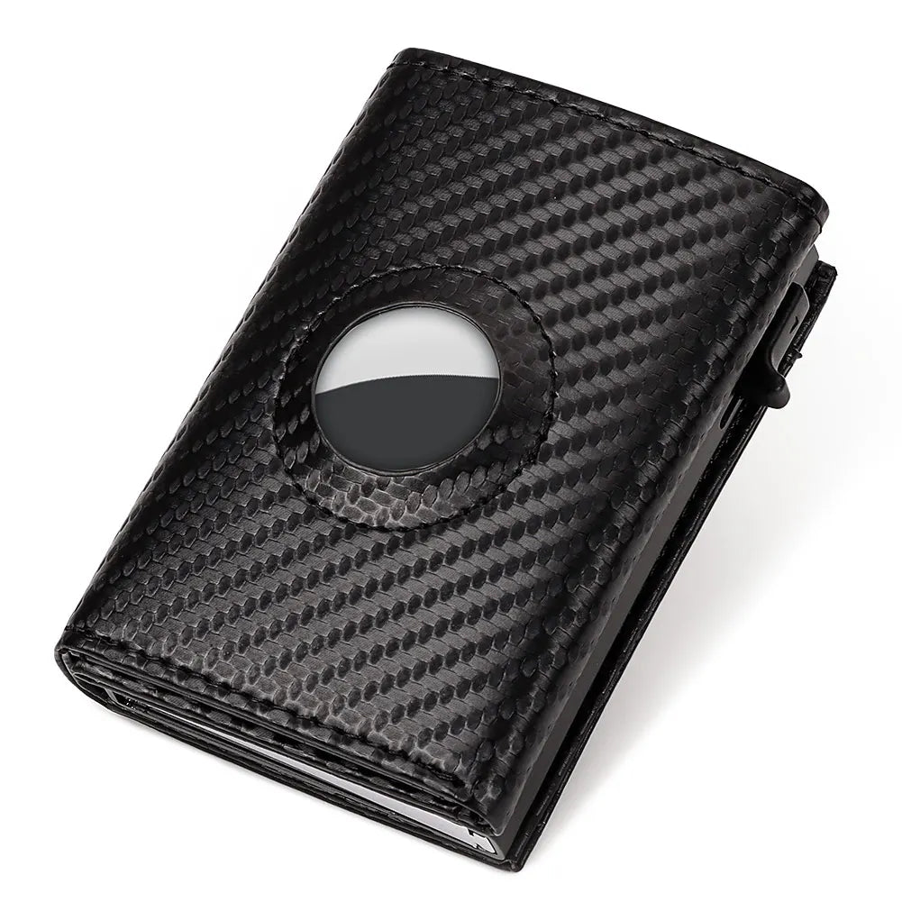 Carbon Fiber Mens Airtag Wallet RFID Blcoking Pop Up Aluminum Card Holder Slim Male Smart Front Pocket with Banknote Compartment