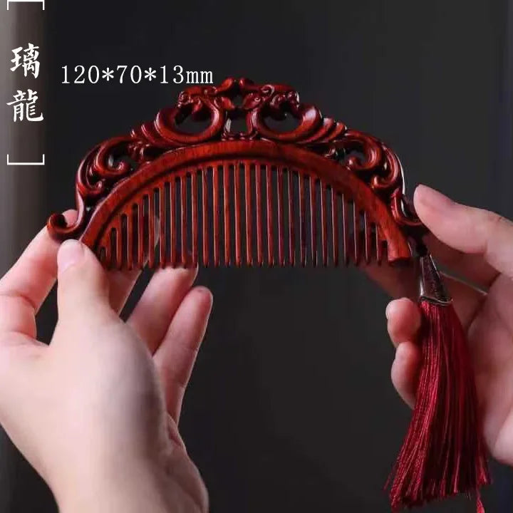 Natural Rhinoceros Horn Small Leaf Red Sandalwood Carved Wood Comb Retro Style Massage Comb Gifts with comb