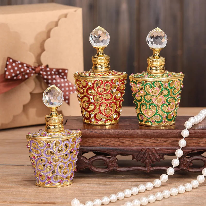 6pcs 10ml Vintage Metal Diamond Refill Perfume Bottle Arab Dubai Style Handmade Mini Empty Dropper Bottle Essential Oil Bottles