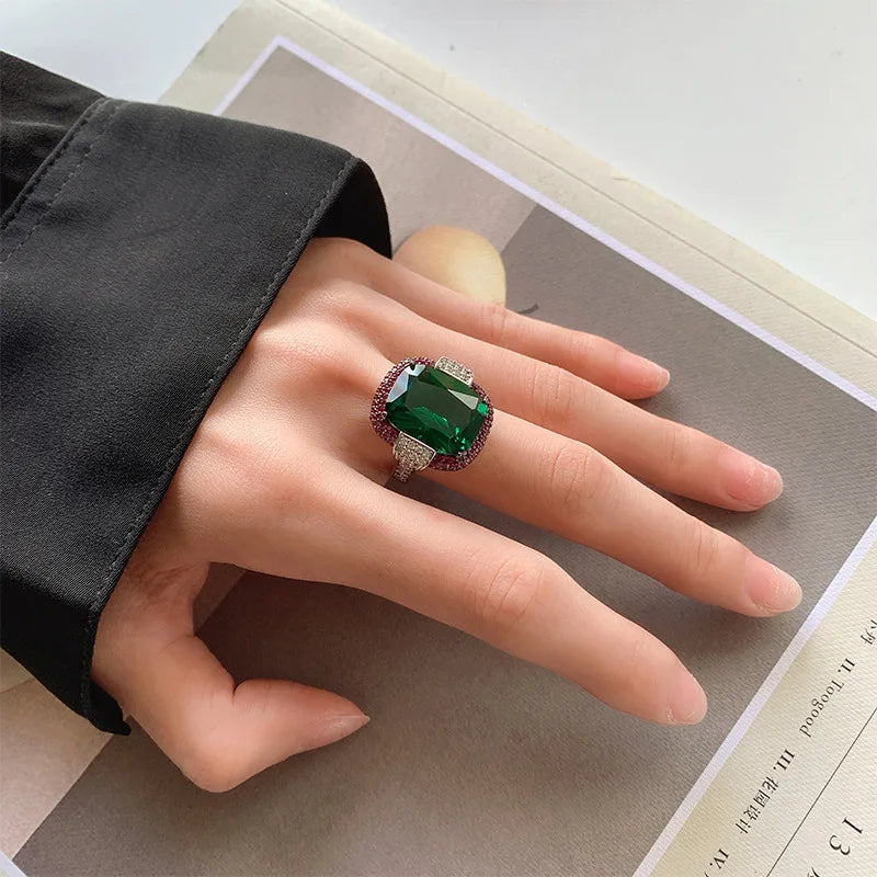 2024 Vintage 12*16MM Ruby Emerald Rings Lab Diamond Wedding Bands Gemstone Cocktail Party Fine Jewelry Female Anniversary Gifts - KIMLUD