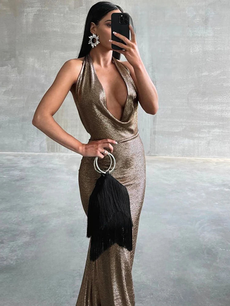 Dulzura Bling Glitter Women Halter Maxi Dress V Neck Backless Long Dress Party Evening Birthday Clothes Elegant Prom Outfit