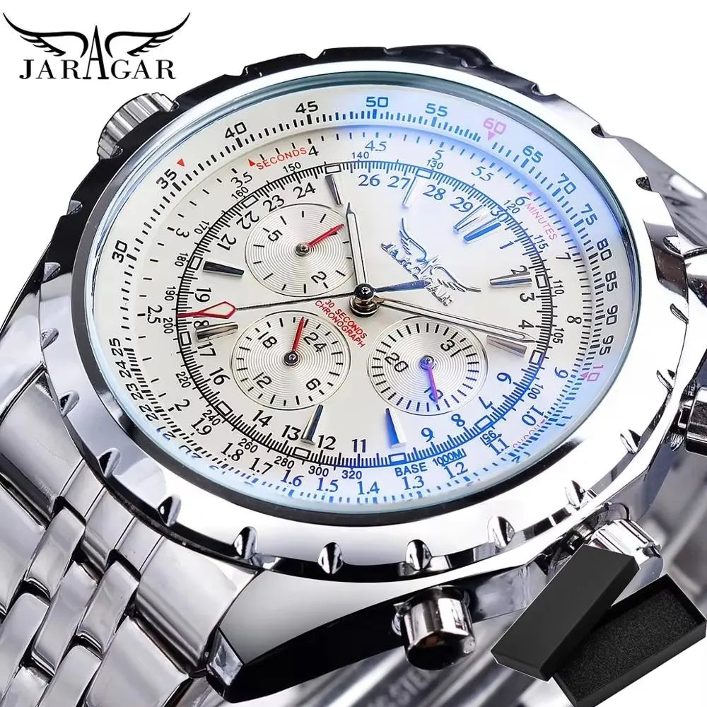 Jaragar Blue Glass Design Black Silver Automatic Watch Stainless Steel Date Clock Luminous Men Business Mechanical Wristwatch