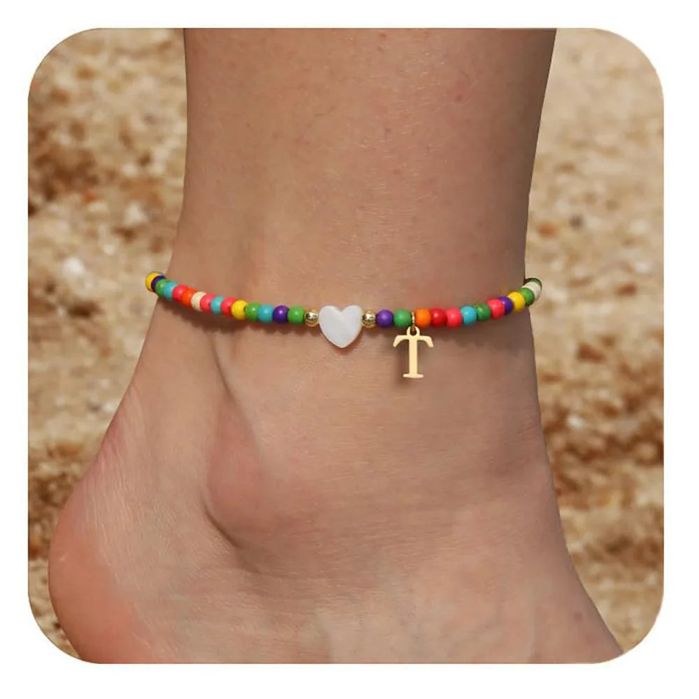 KIMLUD, Rainbow Round Beads Anklet Stainless Steel Love Heart 26 Letters A-Z Pendant Anklets For Women Boho Gold Color Ankle Bracelet, T, KIMLUD APPAREL - Womens Clothes