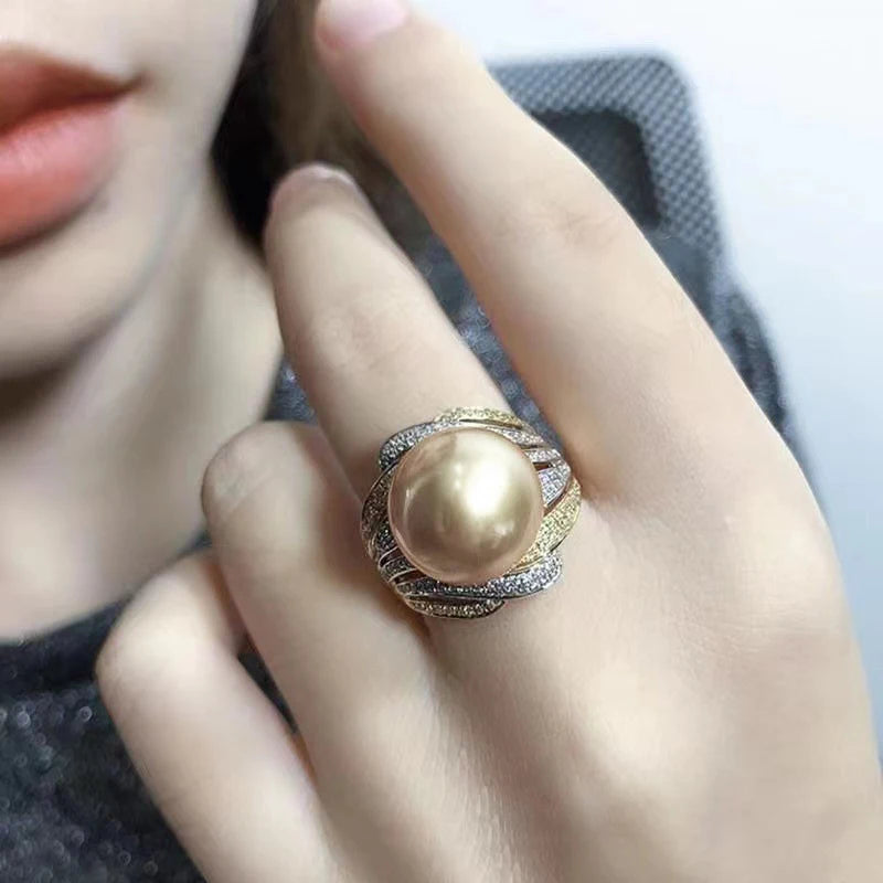 Huitan Luxury Champagne Simulated Pearl Ring Female Party Jewelry with Brilliant Zirconia Fashion Two-tone Style Accessories