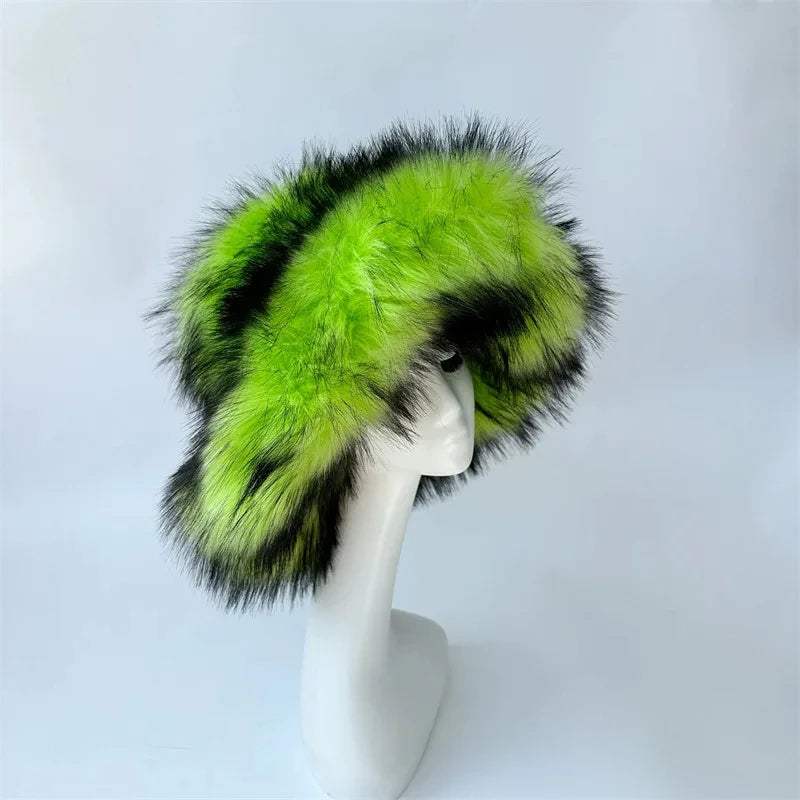 Winter Women Faux Fur Bucket Hat Warm Raccoon Fur Hat Oversize Outdoor Punk Hat Girl Fashion Long Fur Bucket Hat Furry Cute Cap