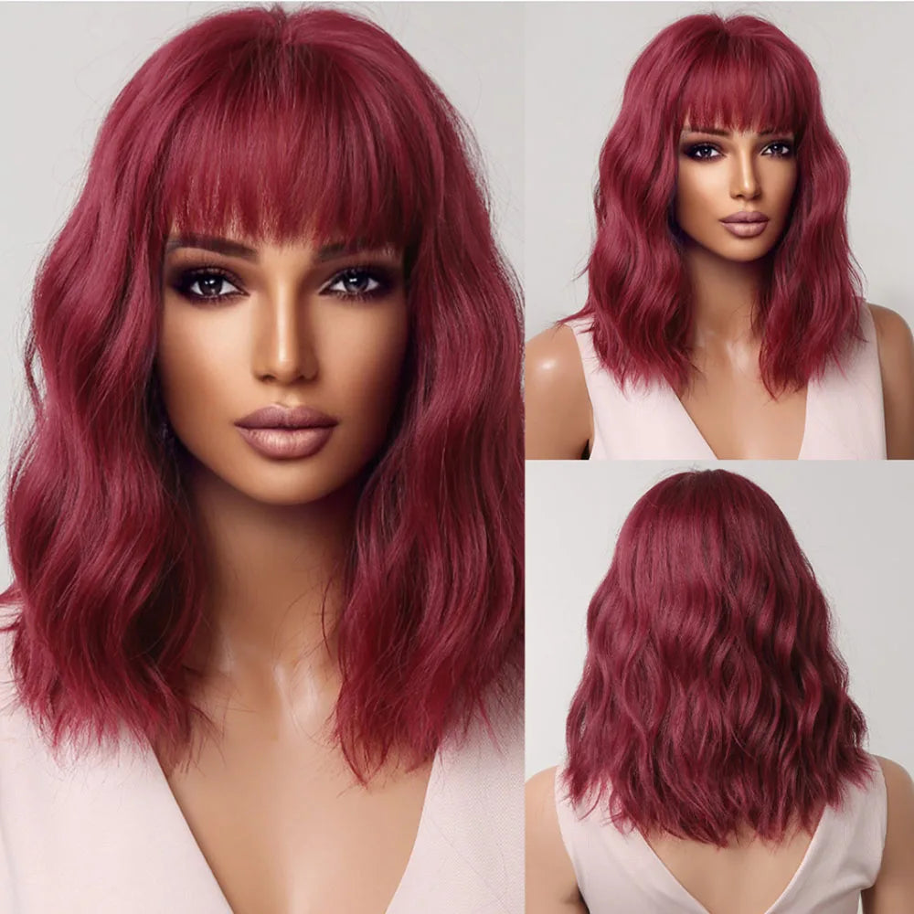 KIMLUD, HENRY MARGU Red Copper Ginger Synthetic Wigs with Bangs Medium Water Wave Natural Bob Daily Hair Wigs for Women Heat Resistant, LC2073-1 wig, KIMLUD APPAREL - Womens Clothes