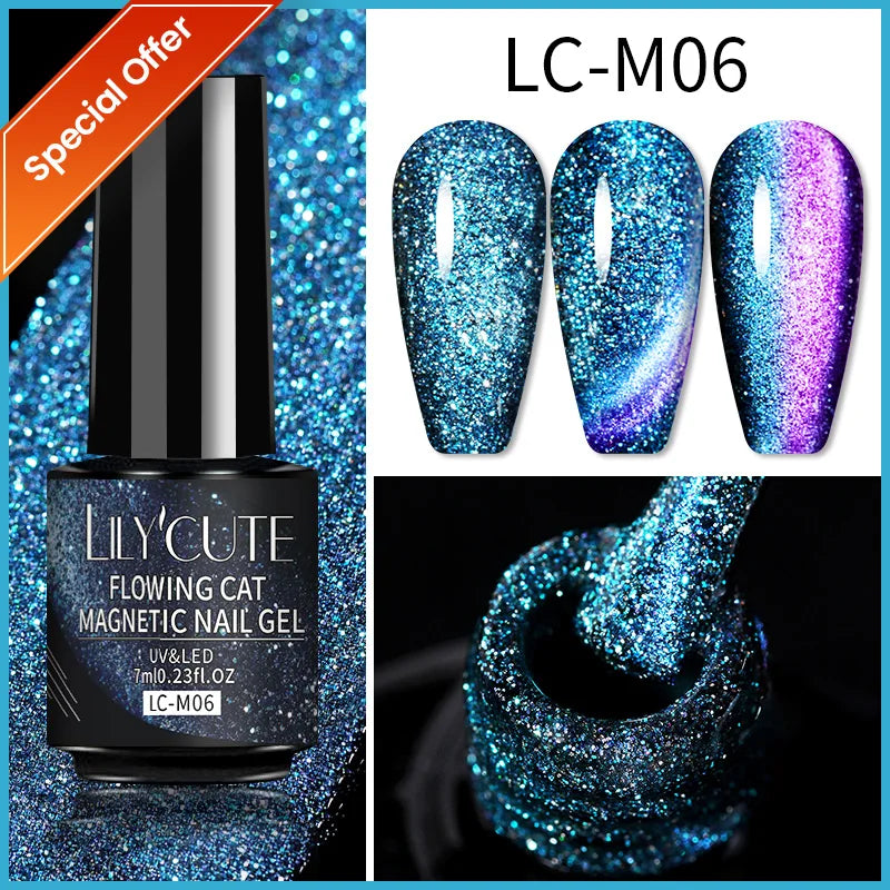 KIMLUD, LILYCUTE 7ML Rainbow Glass Cat Magnetic Gel Nail Polish Super-Bright Colorful Glitter Sparkling Manicure Semi Permanent Nail Gel, KIMLUD Womens Clothes