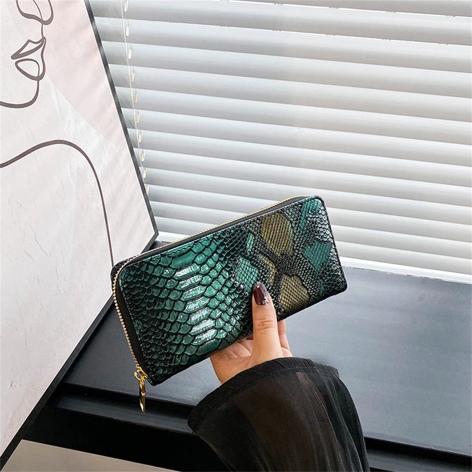 Female Coin Purse Crocodile Leather Long Women Wallet Serpentine Design Phone Purses for Ladies Cardholder Clutch Money Bag Sac - KIMLUD