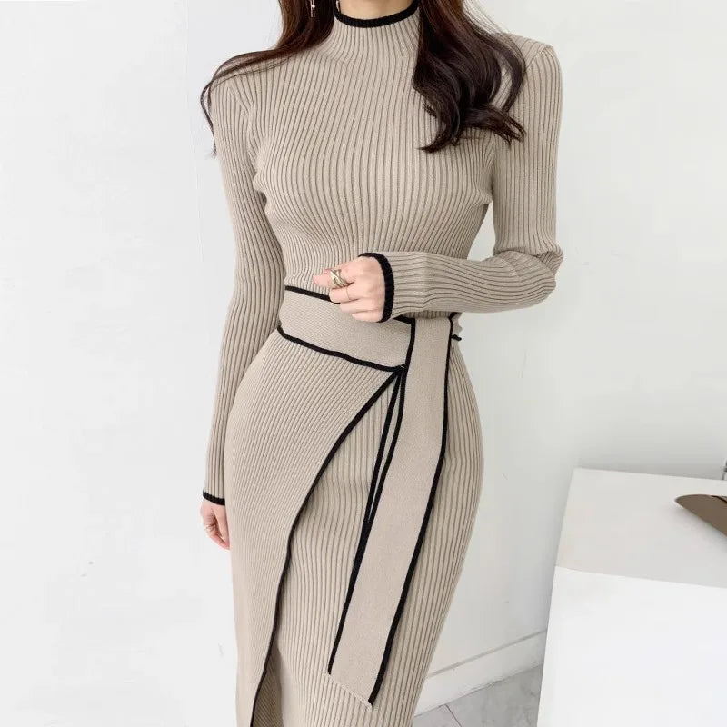 YuooMuoo Elegant Lace Up Turtleneck Knitted Long Dress Korean Fashion Khaki Black Rib Bandage Bodycon Sweater Dress Robe Femme - KIMLUD