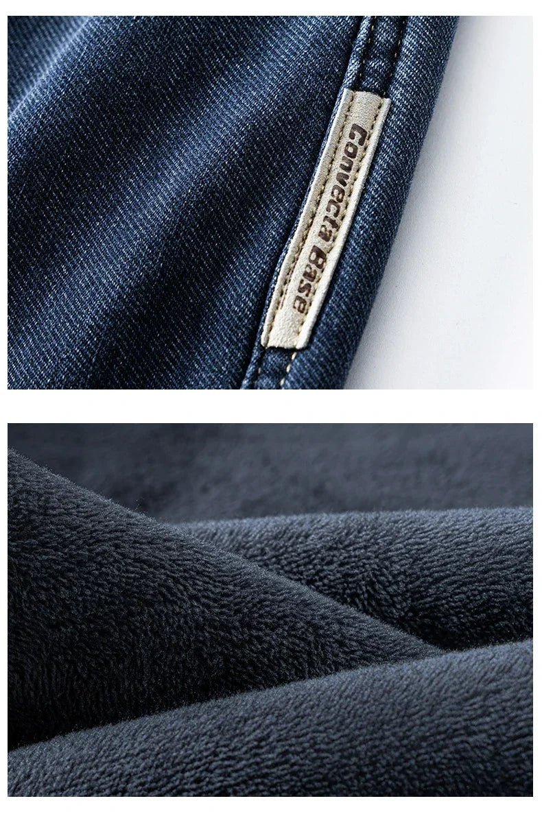 Winter Korean Fashion Brushed Jeans for Men's Thickened Warm Elastic Slim Comfortable Straight Fleece Denim Trousers