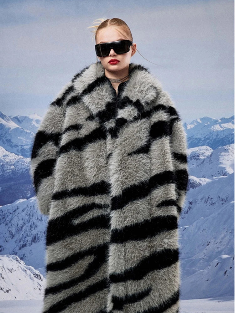 KIMLUD, 2024 Winter Vintage Thick Warm Long Faux Fur Coat Women Zebra-stripe Printed Fluffy Jacket Fur Coat Large Size Luxury Overcoat, KIMLUD Womens Clothes