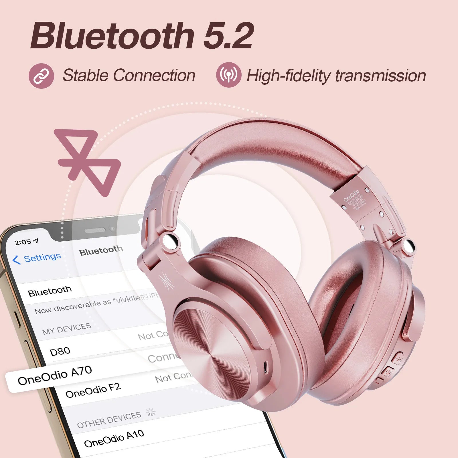 Oneodio A70 Wireless Headphones Sport Bluetooth 5.2 Earphone Over Ear Handsfree Headset With Microphone For Phone Rose Gold