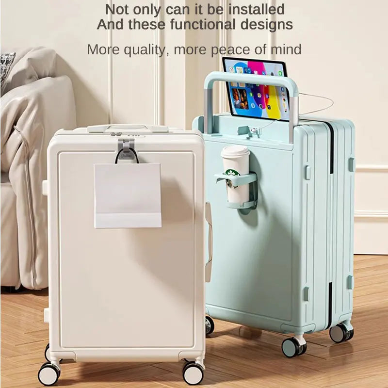 Multifunctional Draw-Bar Suitcase Zipper Wide Handle Trolley Luggage with Cup Holder USB Port Trip Boarding Case Spinner 20 inch