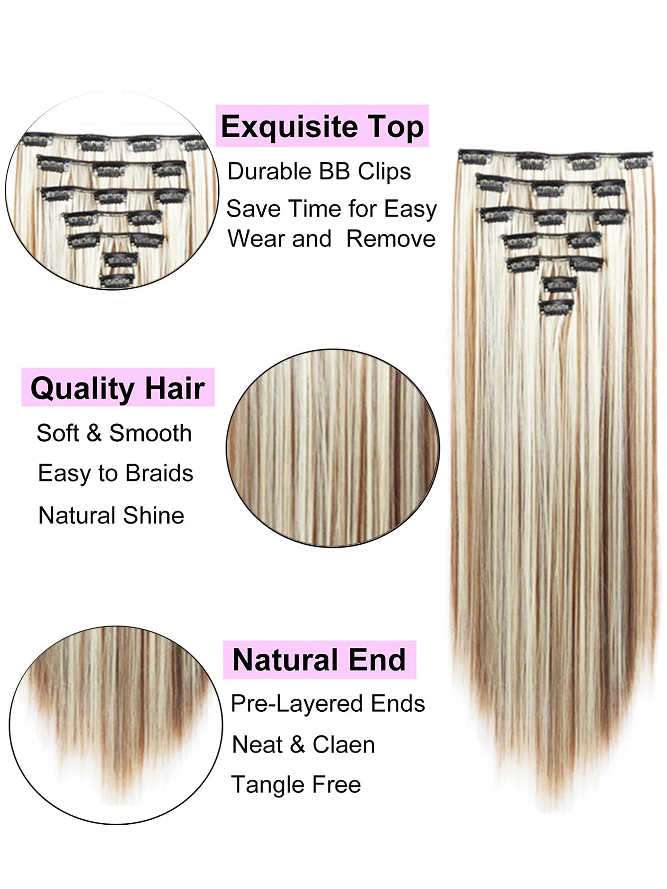 Clip in Hair Extensions 22 Inch Brown Mix Blonde Long Hair Extensions Clip Ins 7PCS Soft Synthetic Hairpieces for Women