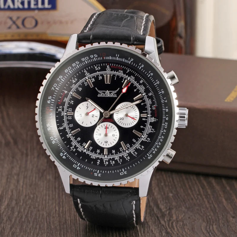 JARAGAR Original Replica Big Dial Multifunctional Automatic Man Watch Leather Vintage Mechanical Waterproof Male Wrist Watches