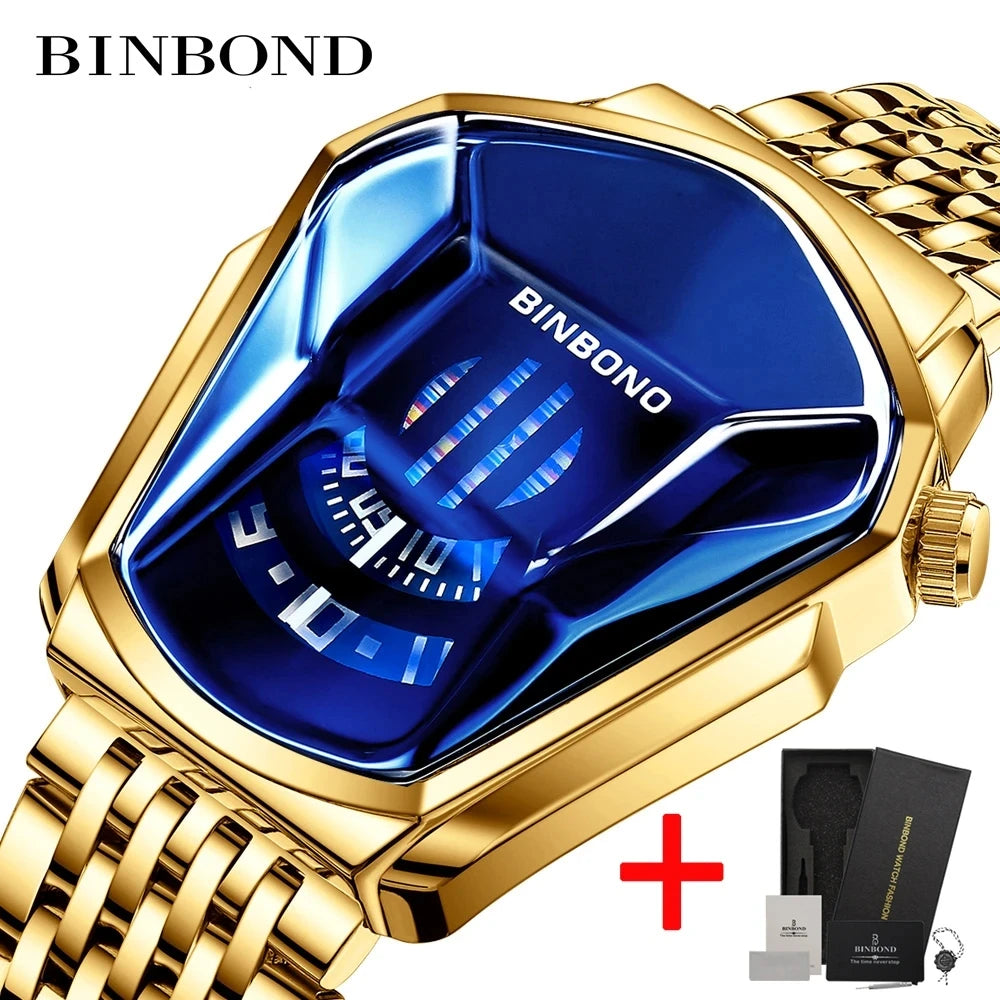 BINBOND Fashion Luxury Unique Military Motorcycle Stainless Steel Business Sports Men's Golden Watch Style Concept With box - KIMLUD