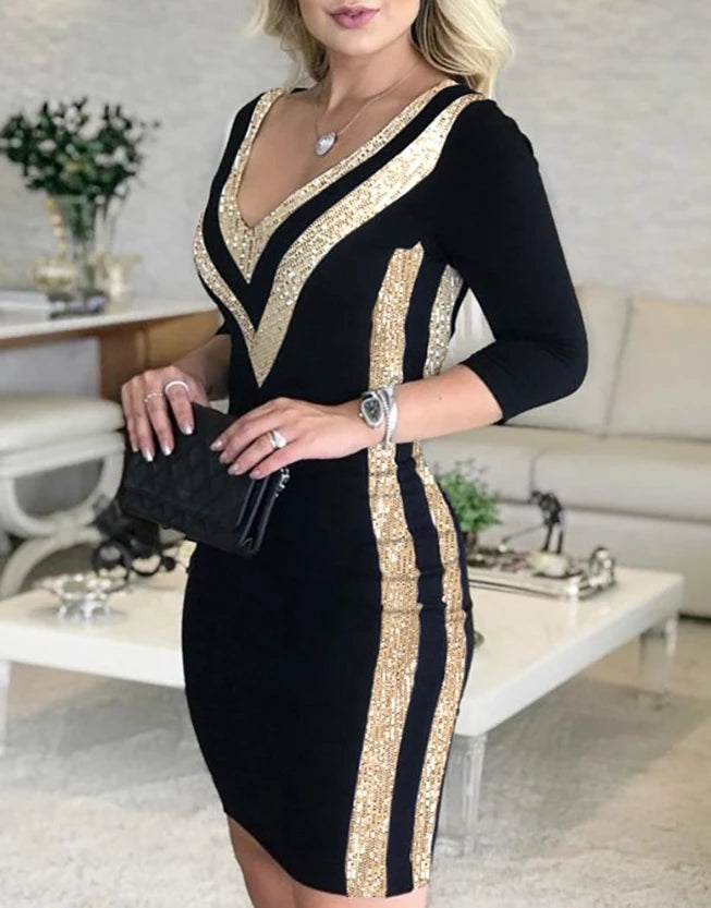 Women's Casual Dress Contrast Sequin V-Neck Bodycon Dress 2024 Latest Evening Sexy Gentlewoman Style Skinny Wrap Hip Midi Dress