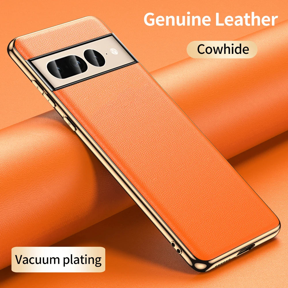 Genuine Cowhide Leather Phone Case for Google Pixel 9 Pro XL 8 7 6 Pro 7A 6A Luxury Plating Shockproof Full Protection Cover - KIMLUD