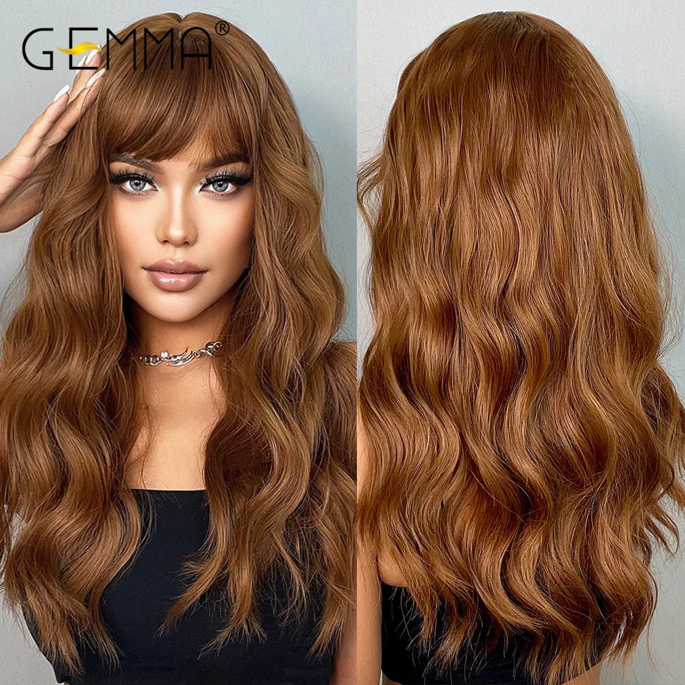 GEMMA Red Brown Copper Ginger Long Straight Synthetic Wigs for Women Natural Wave Wigs with Bangs Heat Resistant Cosplay Hair - KIMLUD