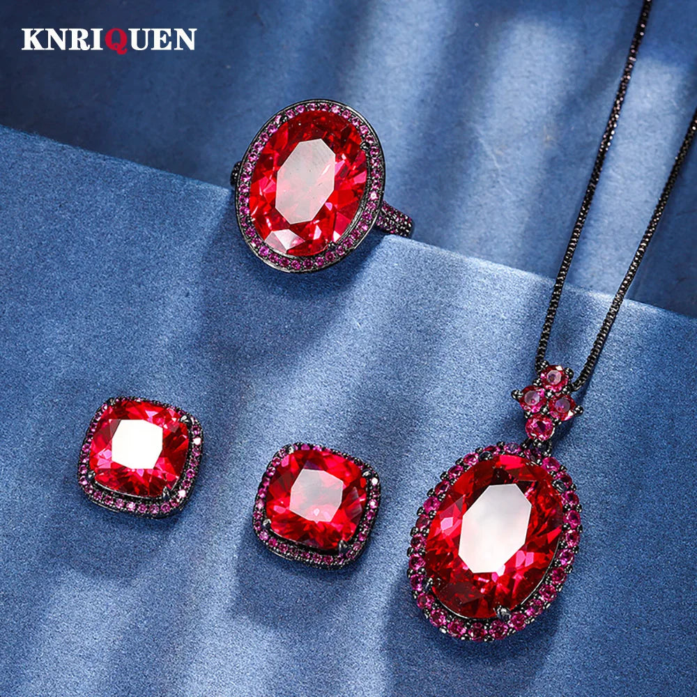 2024 New Vintage Blood Ruby Gemstone Necklace Pendant Ring Earrings Wedding Party Fine Jewelry Sets for Women Anniversary Gift - KIMLUD