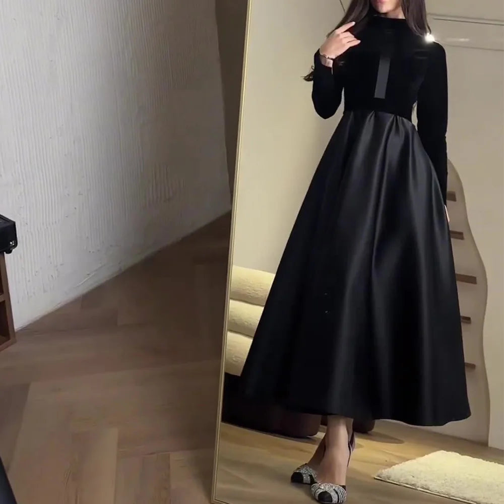 Women Dress Canary Slim Waist Black Round Neck Long Sleeve Dress Vintage Commuter Robe Office Ladies Dress Vestidos