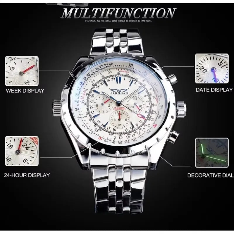 JARAGAR 212 Men Automatic Mechanical Watch Fashion Business Leisure Multifunctional Stainless Steel Wristwatch for Male Gift