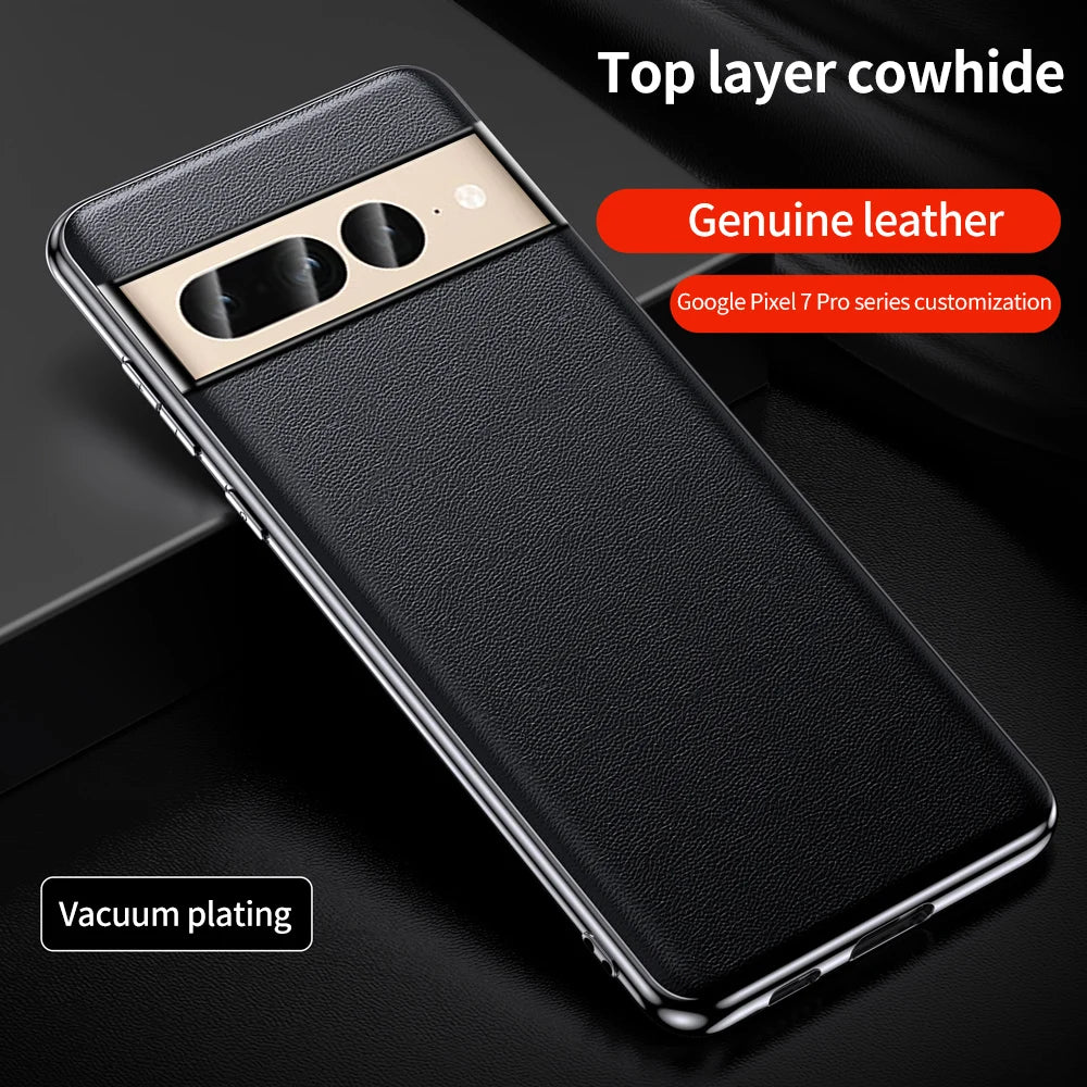 Genuine Cowhide Leather Phone Case for Google Pixel 9 Pro XL 8 7 6 Pro 7A 6A Luxury Plating Shockproof Full Protection Cover - KIMLUD