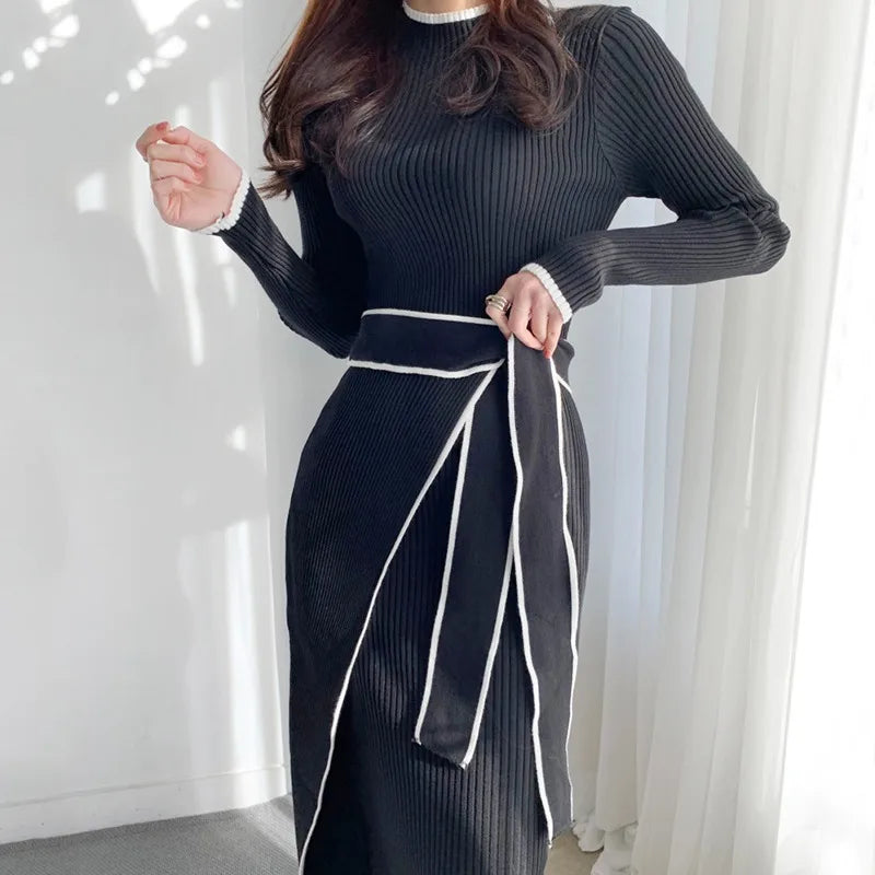 YuooMuoo Elegant Lace Up Turtleneck Knitted Long Dress Korean Fashion Khaki Black Rib Bandage Bodycon Sweater Dress Robe Femme - KIMLUD