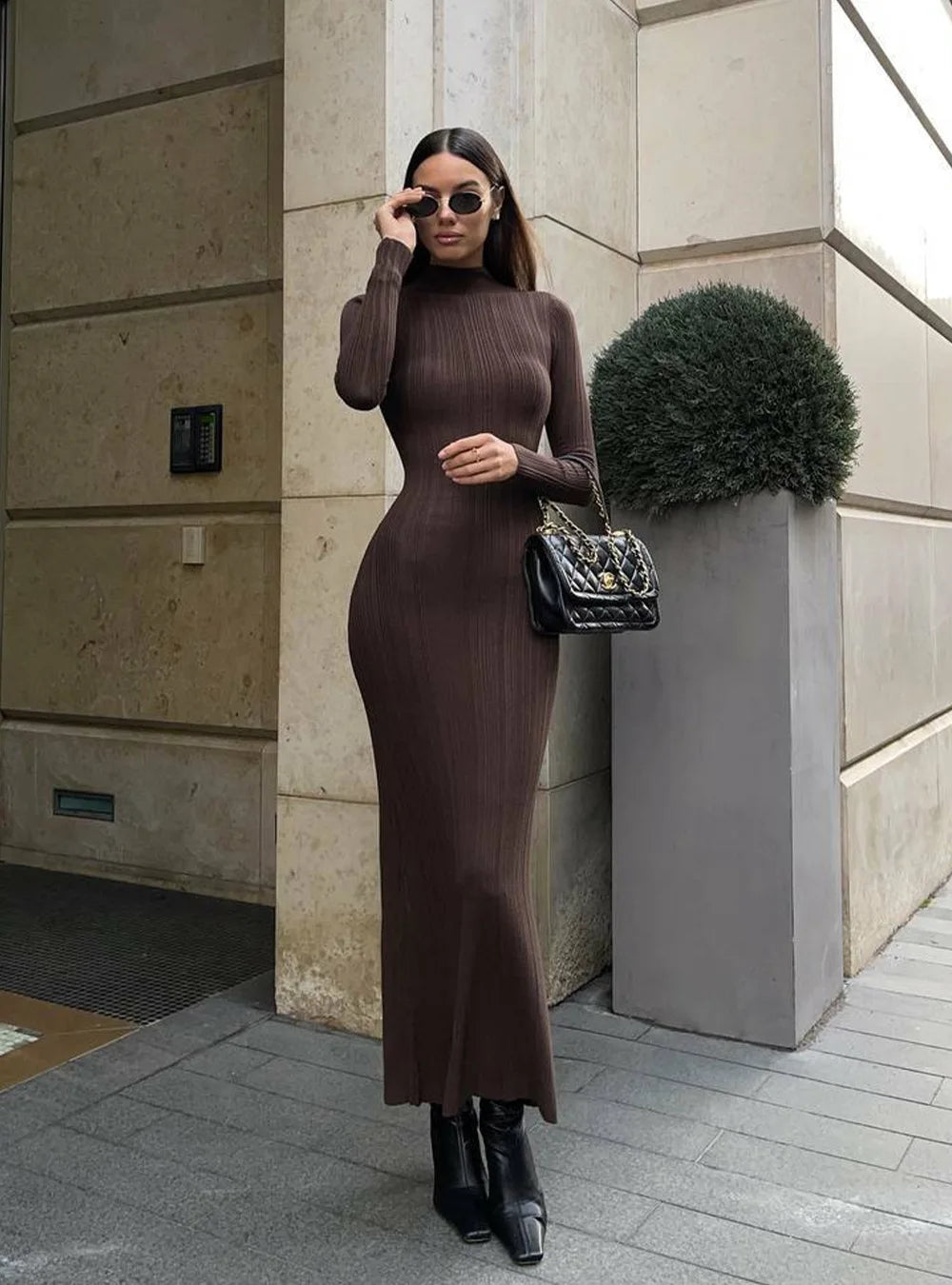 2024 Autumn Winter New Women Knitted Long Sleeved Sweater Dress Sexy High Neck Slim Fit Striped Fashionable Sweater Outwear - KIMLUD