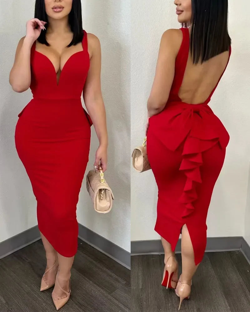 Summer 2024 Vestidos Sexy Party Dresses Women Plunging V-neck Sleeveless Backless Bowknot Ruffles Back Bodycon Midi Dress