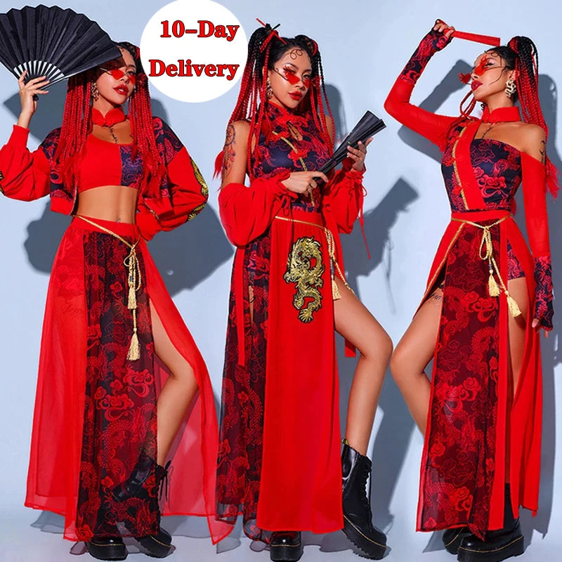 KIMLUD, Red Festival Outfits Hip Hop Clothes For Adults Gogo Dance Stage Costumes Chinese Style Women'S Jazz Performance Clothes, KIMLUD Womens Clothes