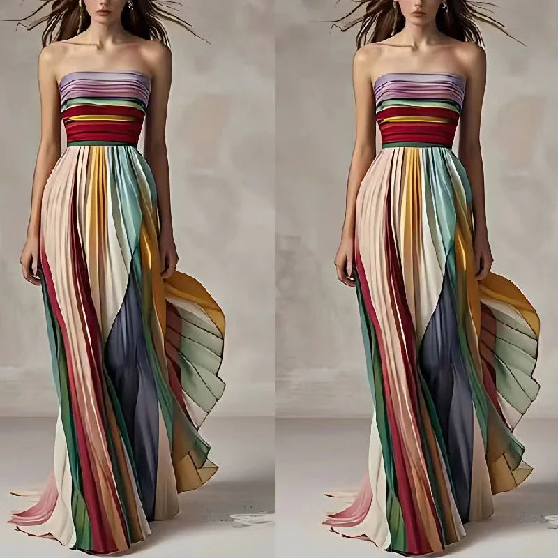 Holiday Sleeveless Patchwork Sexy Dress, Women Summer Strapless Printing Maxi Dress, 2025 Simple Backless Elegant Ladies Dress
﻿