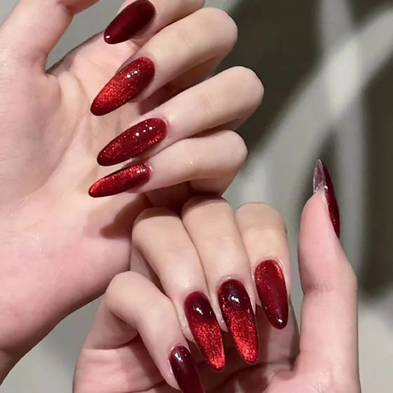 KIMLUD, Sparkling Red Cat Eye Solid Color Fake Nail Halloween Fashion Detachable Finished False Nails Press on Nails with Glue Wholesale, MT2198JP3141, KIMLUD APPAREL - Womens Clothes