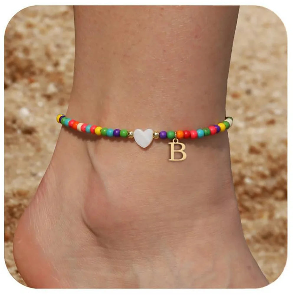 KIMLUD, Rainbow Round Beads Anklet Stainless Steel Love Heart 26 Letters A-Z Pendant Anklets For Women Boho Gold Color Ankle Bracelet, B, KIMLUD APPAREL - Womens Clothes