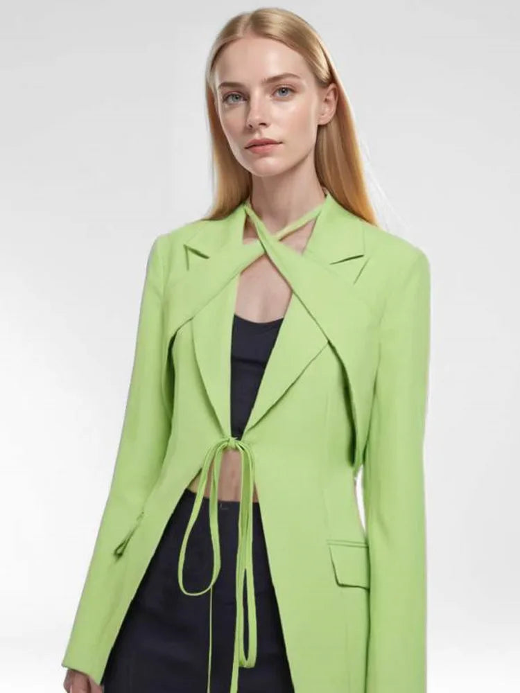 DEAT Fashion Women's Blazer Notched Lace-up Slim Pockets Patchwork Deconstruction Green Suit Jackets Autumn 2024 New Tide CP1984