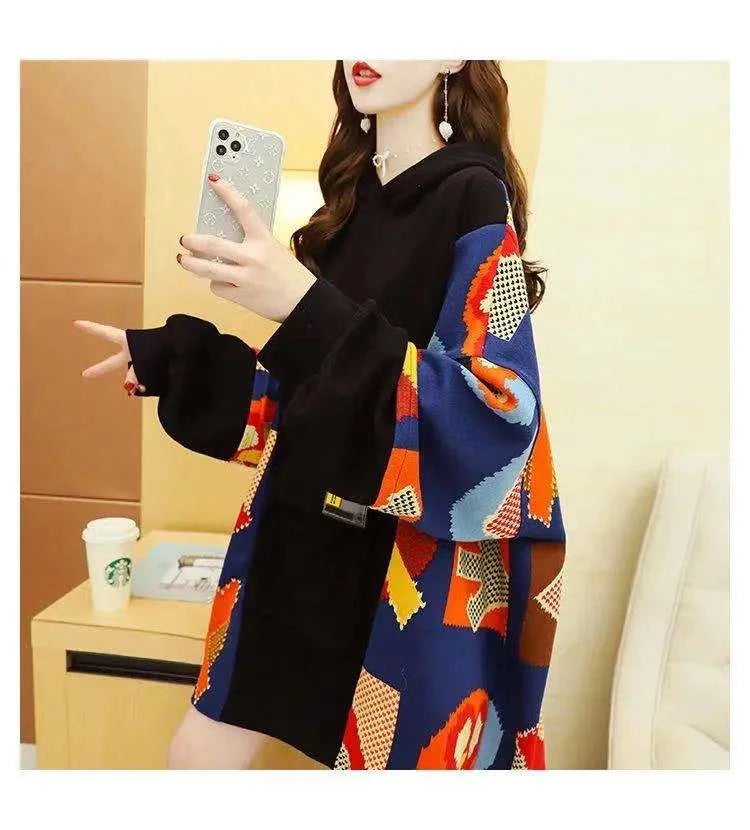 Spring Autumn Women's Sweatshirt Korean Loose Medium And Long Patchwork Print Hoodies Thin Long Sleeves Tops Female