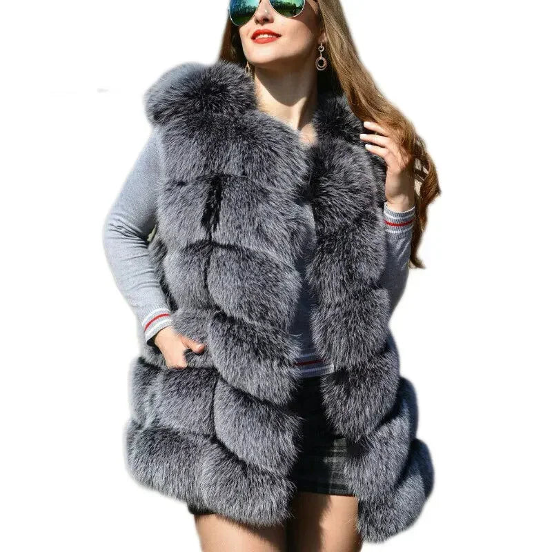 Faux fur vest 2025 women's jacket spliced fox fur slim vest vest - KIMLUD