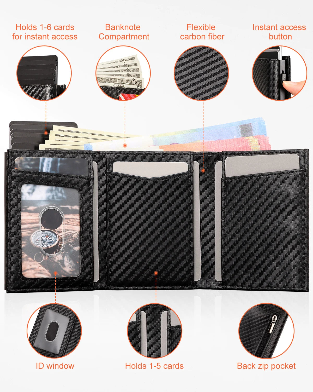 Carbon Fiber Mens Wallet Card Holder RFID Blcoking Pop Up Aluminum Cards Case Slim Male Front Pocket with Banknote Compartment