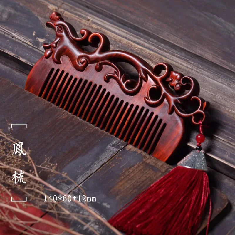 Natural Rhinoceros Horn Small Leaf Red Sandalwood Carved Wood Comb Retro Style Massage Comb Gifts with comb