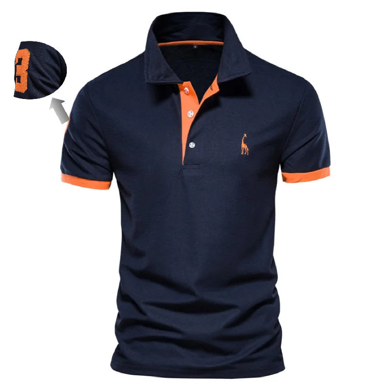 KIMLUD, Casual Slim Fit Mens Polos New Summer Fashion Brand Cotton Embroidered 35% Solid Color Shirts for Men, T02-navy orange / EUR XL 90-100kg, KIMLUD Womens Clothes