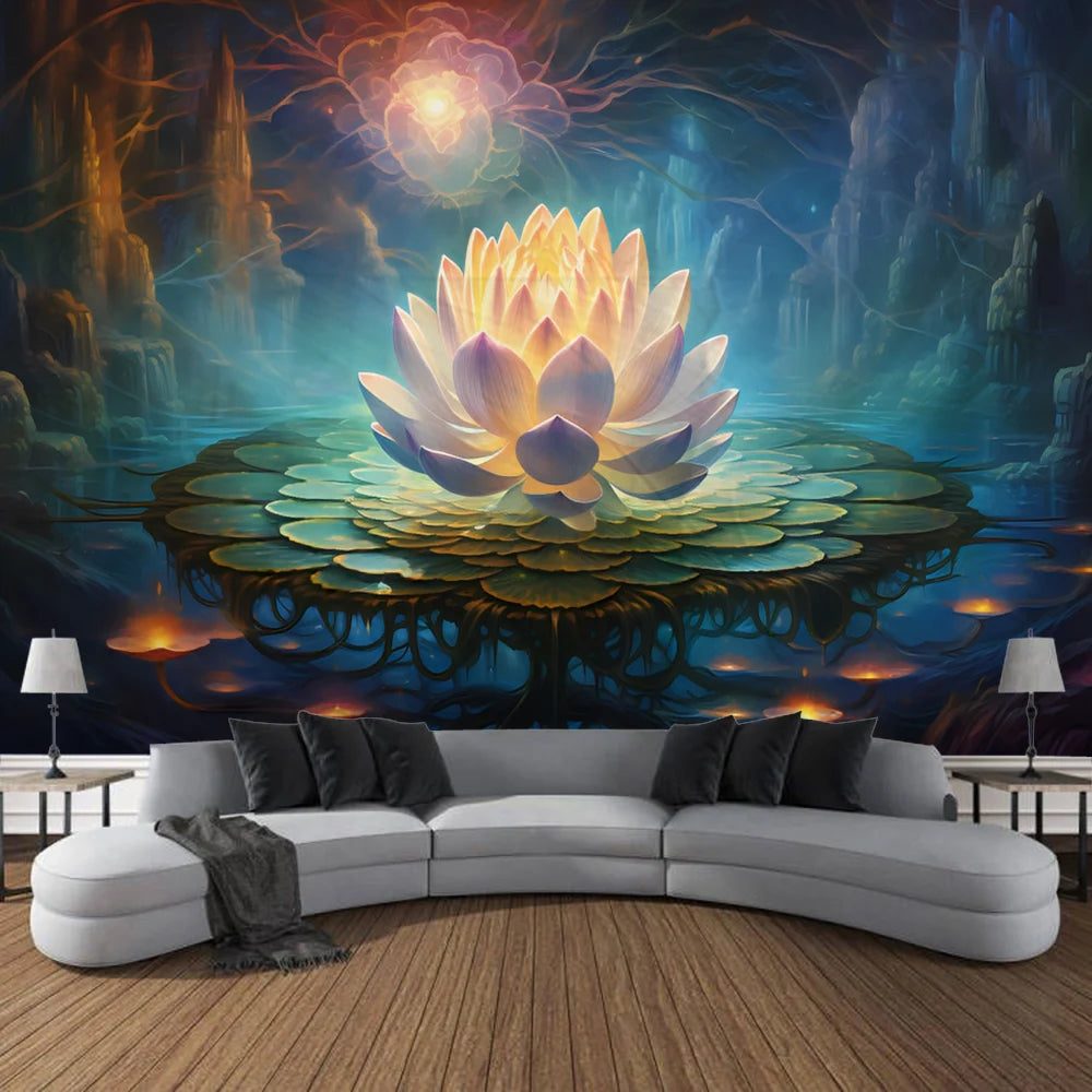 Meditation Lotus Tapestry Wall Art, Large Tapestry Mural Decoration, Home, Bedroom, Living Room Decoration - KIMLUD