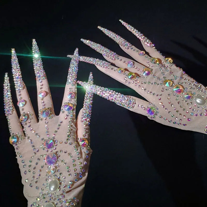 Deluxe AB Diamond Pearl Long Nails Diamond Shiny Short Gloves