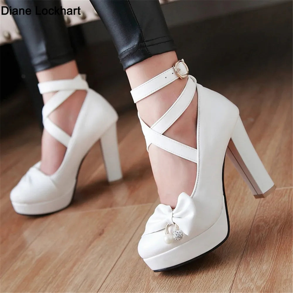 High Heels Women 2024 Trend Chunky Heels Platform Lolita Mary Jane Elegant Party Korean Shoes Dress White The Glossy Fashion