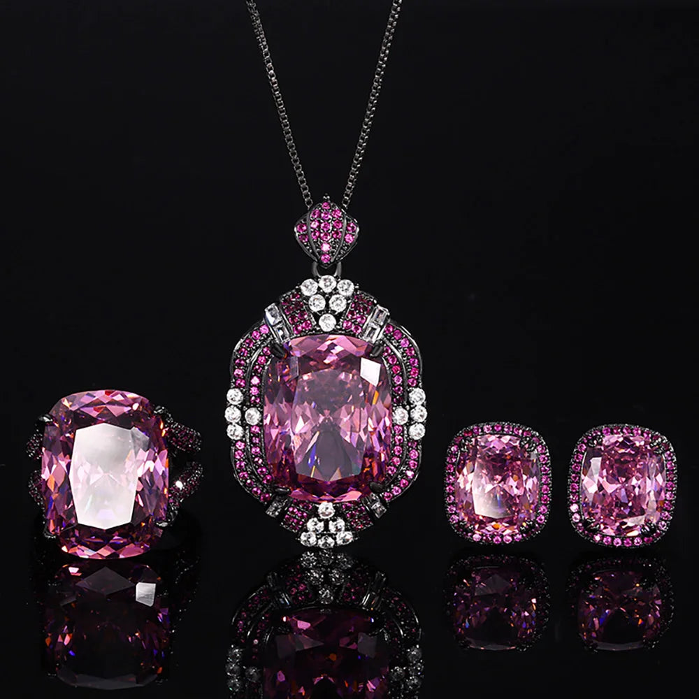 Retro Luxury Lab Pink Quartz Gemstone Necklace Pendant Ring Earrings Cocktail Party Fine Jewelry Sets for Women Accessories Gift - KIMLUD