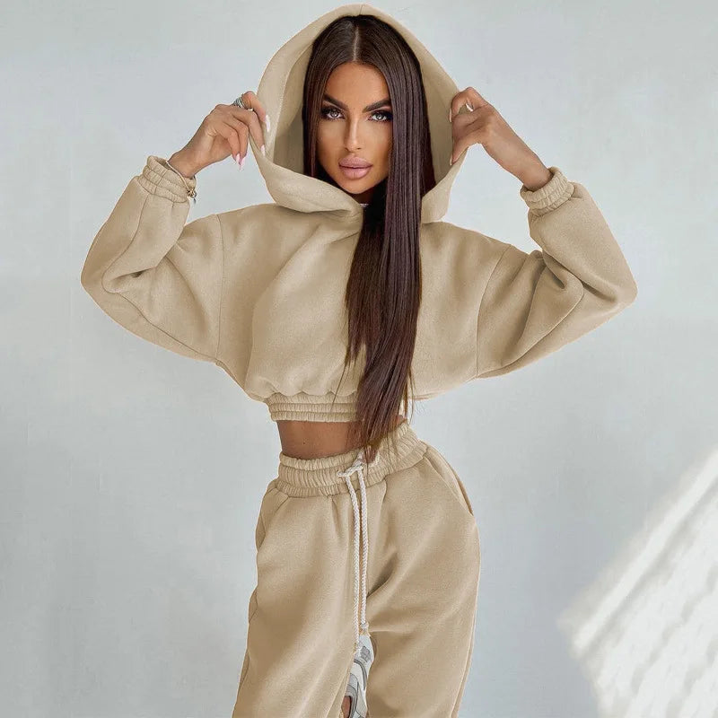 Fashion Women's Clothes Solid Color Casual Hooded Short Hoodie Girdling Drawstring Sweatpants Suit 2 Piece Sets Women Outfit