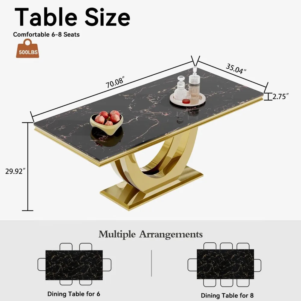 Modern Marble Dining Table, Luxurious Kitchen Table, Equipped with A Golden Geometric U-shaped Stainless Steel Base