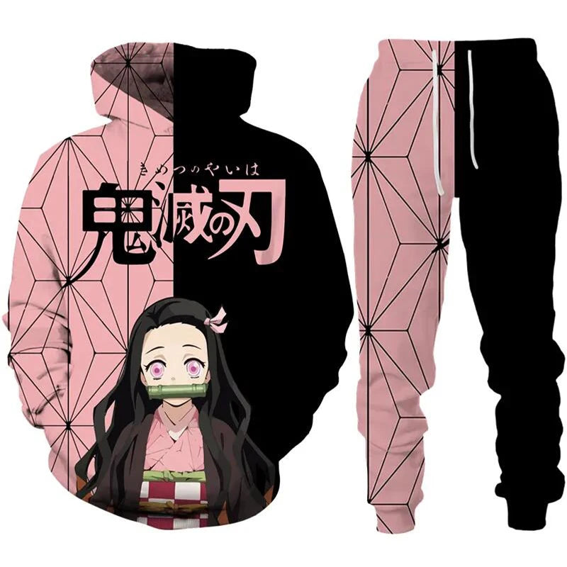 Anime Demon Slayer Hoodies 3D Printed Cosplay pants+Hoodie 2PCS Set Tracksuit Men Oversize Vintage Streetwear Hoodie Pants Sets