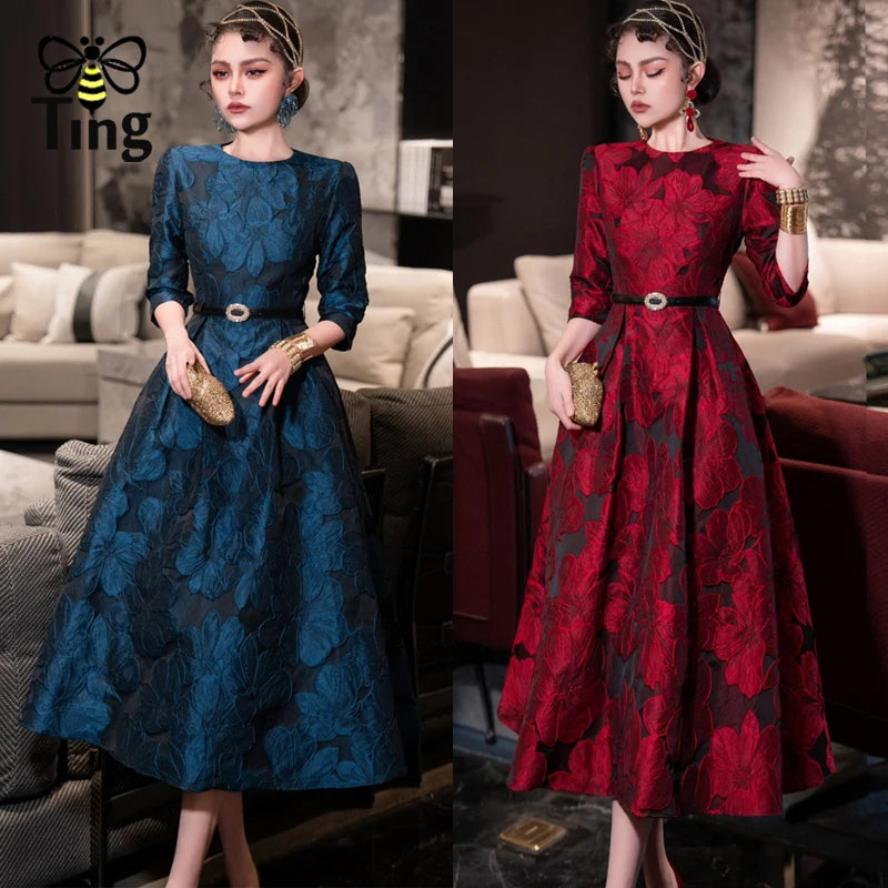 Tingfly Runway Designer High Quality Flower Jacard A Line Ball Gowns Party Dinner Dresses with Belt Lady Elegant Dress